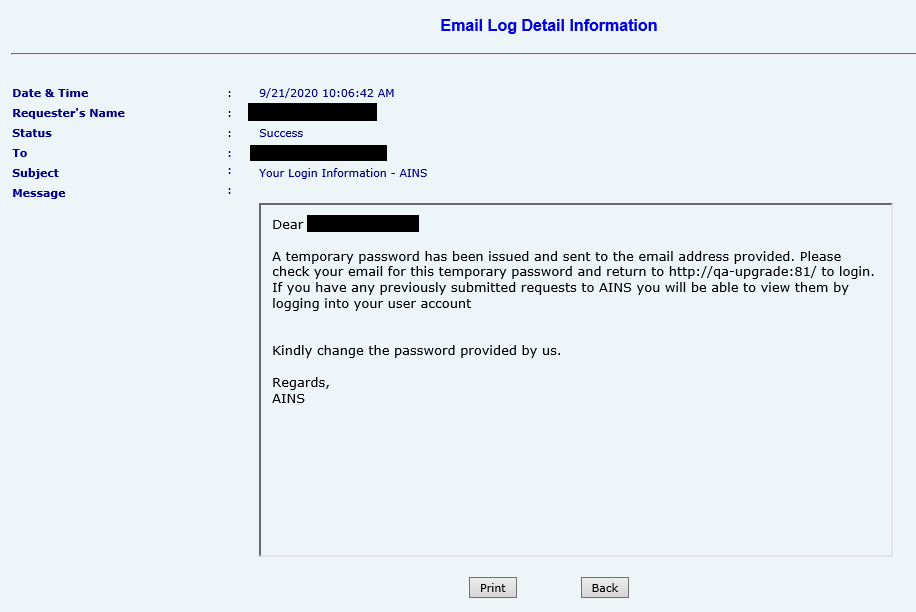 Email log details showing a temporary password and login instructions for AINS.
